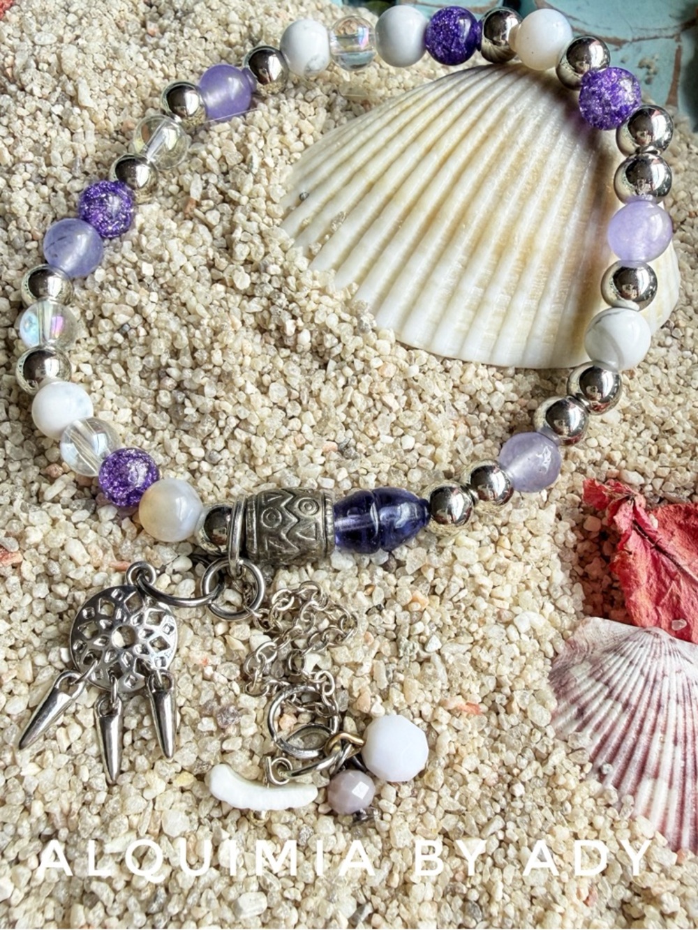 DAINTY + Lavender, Purple & White Beaded Charm Bracelet +AGATE+AMETHYST + JADE